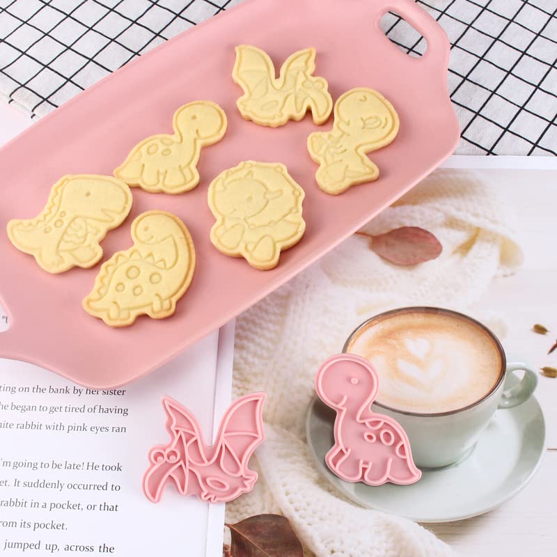6 Pieces Cute Dino Cookie Cutters Cartoon Dinosaur Cookie Mould Cookie Stamps Set Kitchen Tools Plastic Dino Cookie Press (Dino 0209B) - color: Dino 0209B