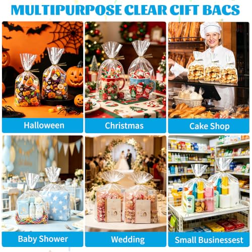 50 Pcs 10x14 Inch Clear Cellophane Gift Bags with Bottom Gusset and Twist Ties – Large Flat Bottom Cellophane Treat Bags for Candy, Cookies, Bakery Goods, Halloween Treats and Christmas Party Favors - color: 10*14 Inch-50Pcs