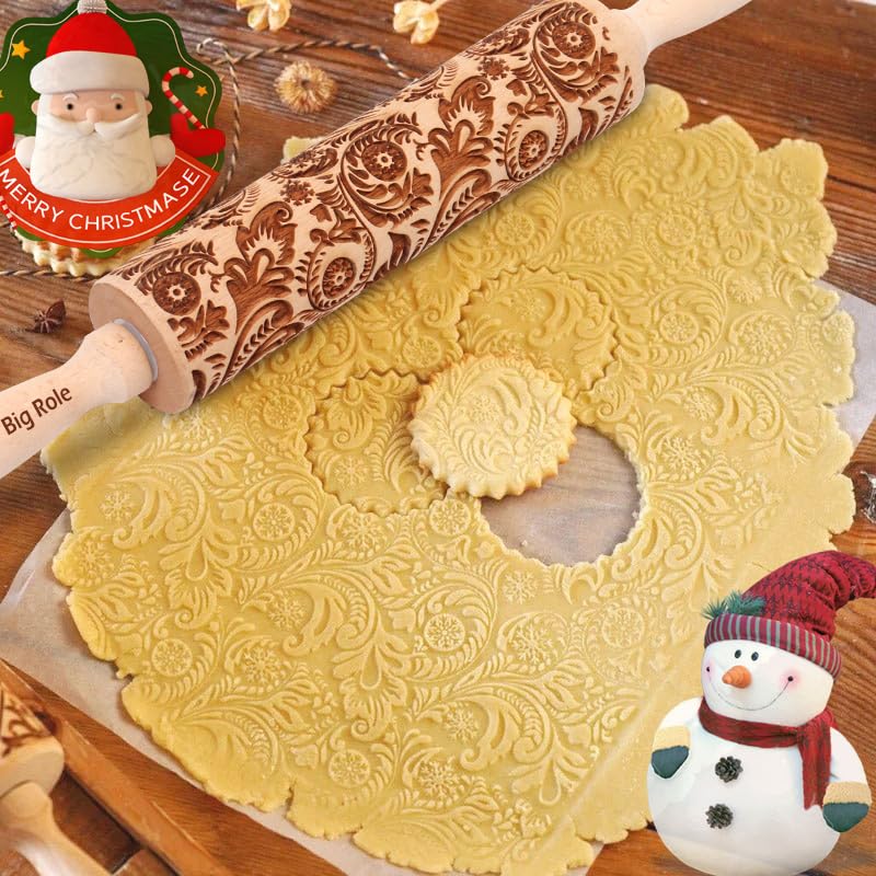 Christmas Embossed Rolling Pin for Baking Cookies Embossing Rolling Pins with Design Wooden Engraved Springerle Roller Pin Dough Snowflake Paisley Patterned Clay Pottery Ceramic Bakers (Floral Frost) - color: Floral Frost