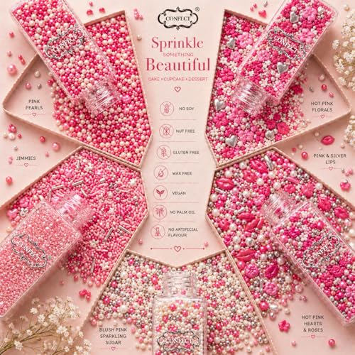 Confect Cake & Cupcake Sprinkles | Love Sprinkles Mix Pink Mini Lips & Roses, Silver Hearts & Vermcelli and White Pearls | Anniversary Sprinkles | Edible sprinkles Mix Pack of 5 (5 Oz) - color: Love Sprinkles