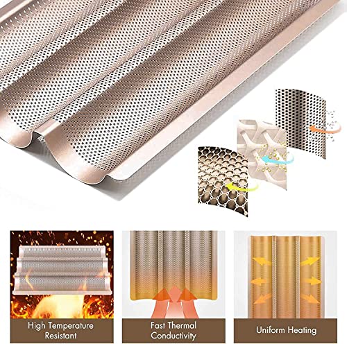 Baguette Pans for Baking 15" x 11", Carbon Steel 3 Loaf Nonstick Baguette Baking Tray for French & Italian Perforated French Bread Pan - color: Gold