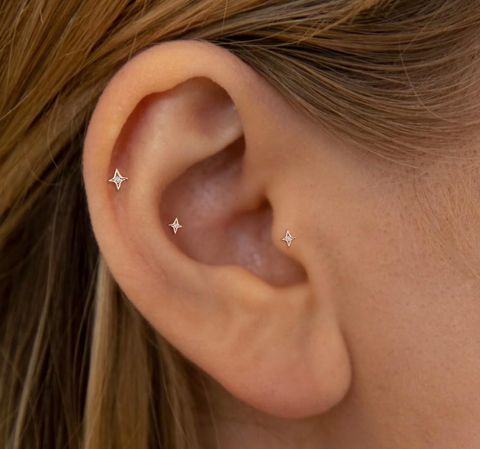 20G/18G/16G Titanium Flat Back Earrings, Threadless Nose Stud Tiny Stud Earrings, Cartilage Tragus Piercing Jewelry Conch Helix Stud - color: CZ Star (gold 3pcs), size: 20ga(0.8mm)