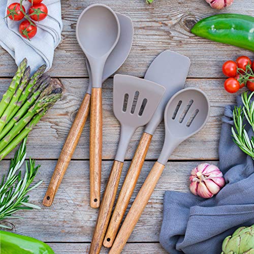Kitchen Utensils Set, Silicone Cooking Utensils Set,Non-Stick Silicone Spatula Set with Natural Acacia Hard Wood Handle, 5 Piece, Upgraded Thickened Cookware - color: Gray