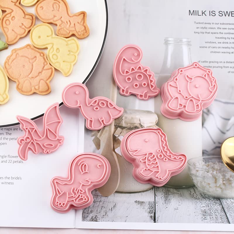 6 Pieces Cute Dino Cookie Cutters Cartoon Dinosaur Cookie Mould Cookie Stamps Set Kitchen Tools Plastic Dino Cookie Press (Dino 0209B) - color: Dino 0209B