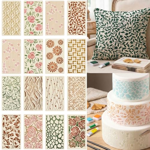 16Pcs Nature Floral Stencils Set (7x3.8Inch) – Reusable Flower Pattern Templates for DIY Baking (Cookies/Cakes), Crafts, Cards, Canvas & Fabric Decorating