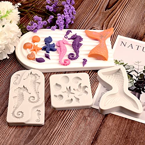 SAKOLLA Mermaid Theme Cake Fondant Mold - Seahorse Seashell Starfish Mermaid Tail Silicone Mold for Cake Decoration, Chocolate, Candy, Polymer Clay, Cupcake Decor, Sugar Craft - color: Marine Theme 3 Pcs/White