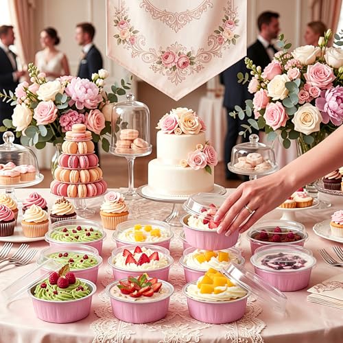 NPLUX Ramekins with Lids Mini Cake Pans,50 Pack Pink 8oz for Party Favors - color: Pink