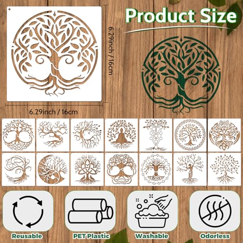 Yazhiji 15Pcs 6 x 6 Inch Tree of Life Stencil, Reusable Stencils for Painting on Wood Decoration Painting Templates for Wall Floor DIY Decorations Holiday Gifts for Kids