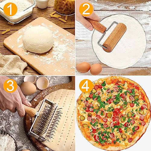 Dough Docker Roller Stainless Steel and Wooden Dough Roller, Set of 2 Pizza Pin Roller Dough Hole Maker Wood Pastry Pizza Roller for Pizza, Cookie, Pie, Pastry, Bread, Crust
