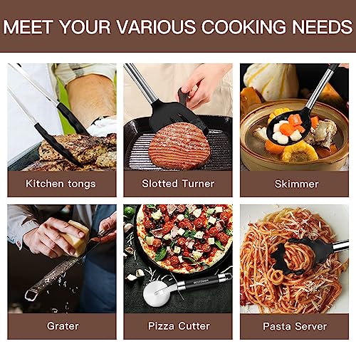 Kitchen Utensils Set-Silicone Cooking Utensils-32 pcs Non-Stick Silicone Cooking Kitchen Utensils Spatula Set with Holder-Best Kitchen Cookware with Stainless Steel Handle (Black) - color: Black