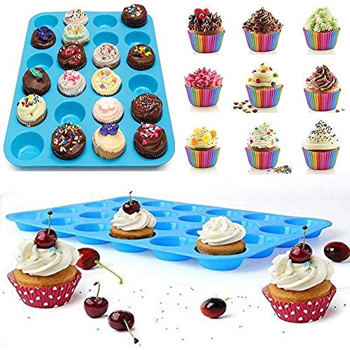 Silicone Mini Muffin Pan, Qtopun 4 Pack 24 Cups Silicone Mold Cups Baking Pan, Silicone Muffin Tins Baking Moulds-Multi Color - color: Green
