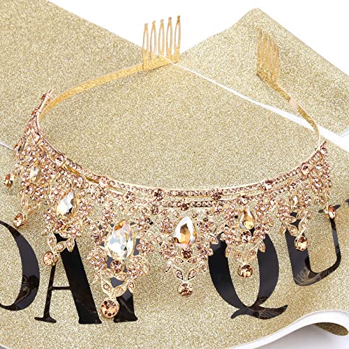 "BIRTHDAY QUEEN" Sash and Tiara for Women Crystal Tiara and Satin Kit for Girl Rhinestones Crown with Comb Glitter Hair Accessories for Prom Party Decoration Cake Topper Accessory Set with Pins - color: Champagne Tiara+Gold Sash
