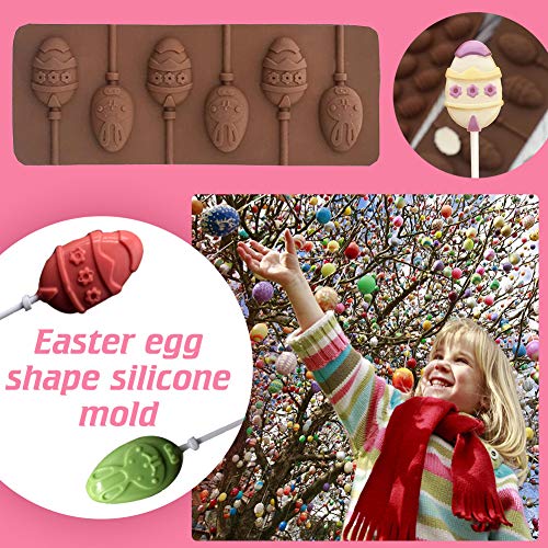2 Pack Easter Lollipop Silicone Candy Molds Silicon chocolate Lollipop Molds 8 Cavity Bunny Egg Molds Including 80 Lollipop Sticks+100 Pcs Candy Treat Bags+100 Twist Ties (Pink) - color: Easter lollipop mold