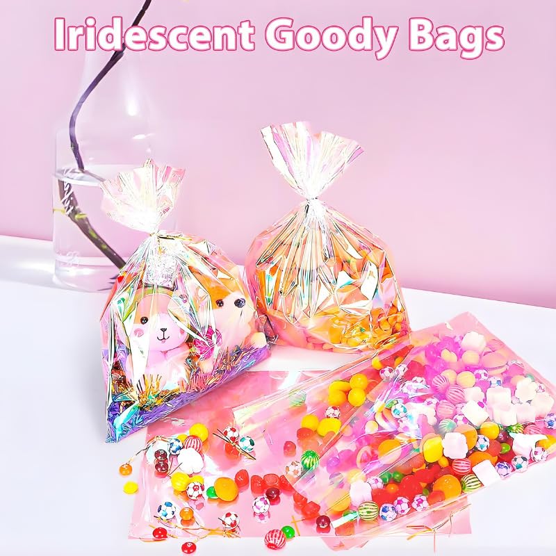MS.YANGJI 100 PCS Cellophane Treat Bags,6x9 Inch Holographic Bags with Twist Ties,for Holiday Valentines Party Weddings Birthday Party Gift Wrapping - size: 6x9inch