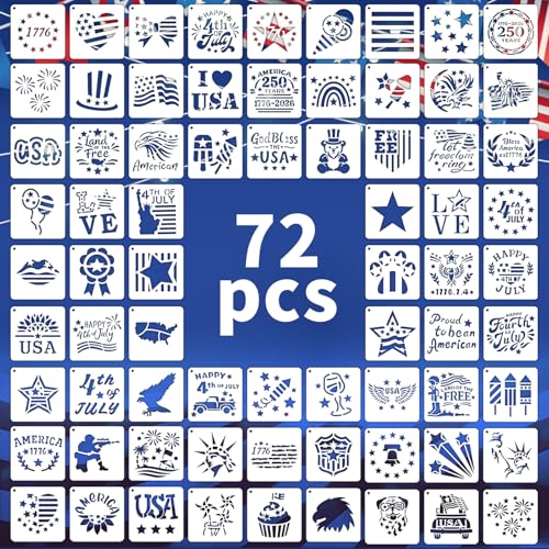 72 PCS 3x3 Inch Independence Day Stencils for Painting - Reusable USA Flag Patriotic Painting Templates, Red White and Blue Party Supplies for 4th of July Memorial Day Painting Stencil - color: 72 PCS Independence Day