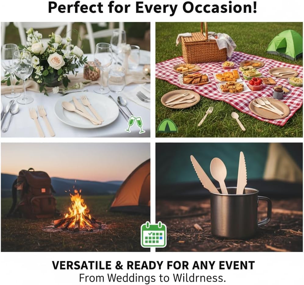 500 Wooden Utensil Set Disposable, 100% Compostable Cutlery Set [200 Forks, 200 Spoons, 100 Knives] – Alternative to Plastic & Bamboo Cutlery - Eco Friendly Utensils Set for Lounge Party Wedding BBQ - size: Wooden Cutlery(500-Mixed-Set)